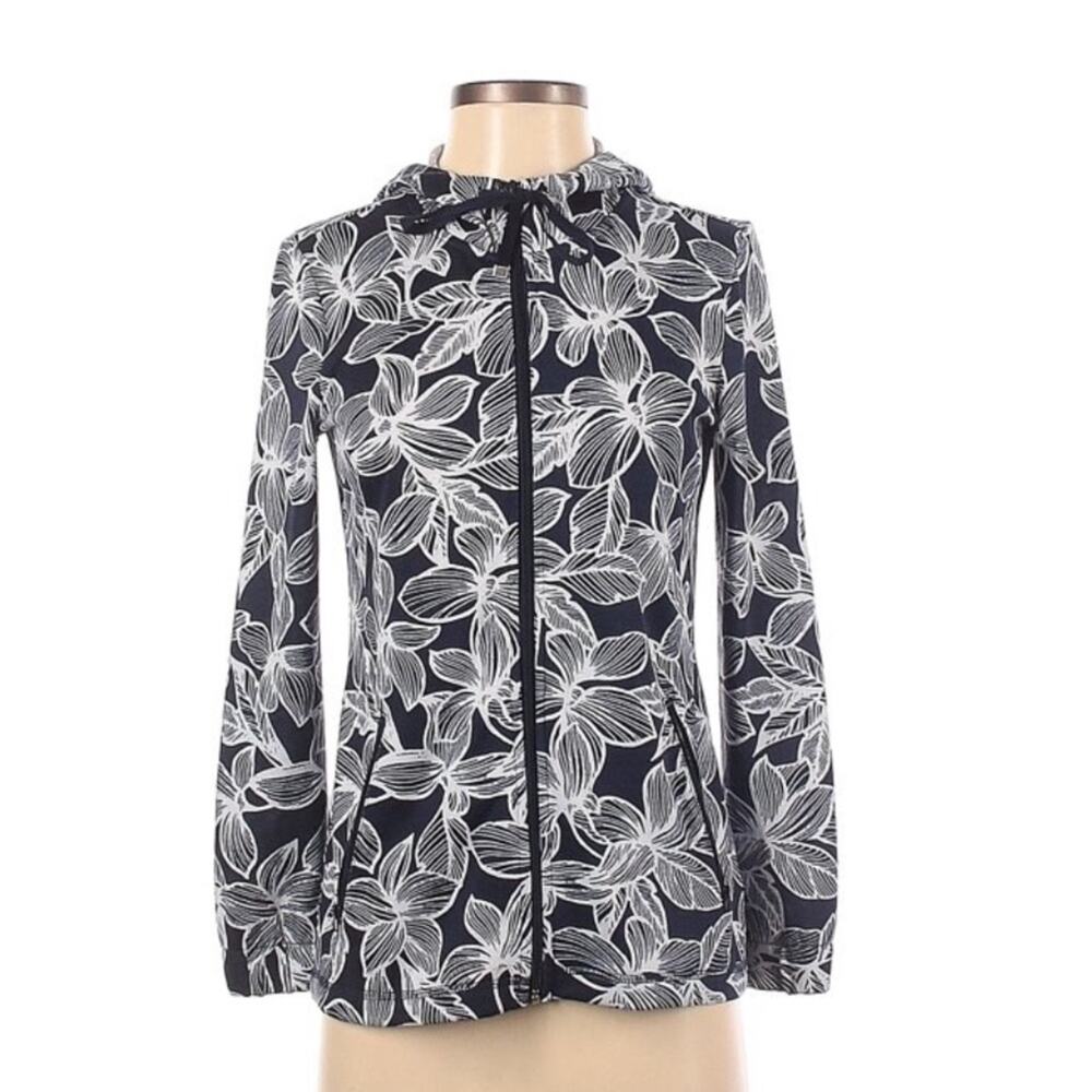 T by Talbots Hooded Zip Up Navy & White Floral Hoodie Top Size Small Petite